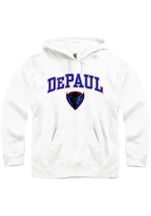DePaul Blue Demons Mens White Arch Mascot Long Sleeve Hoodie