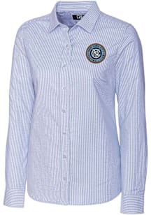 Cutter and Buck New York City FC Womens Stretch Oxford Stripe Long Sleeve Light Blue Dress Shirt