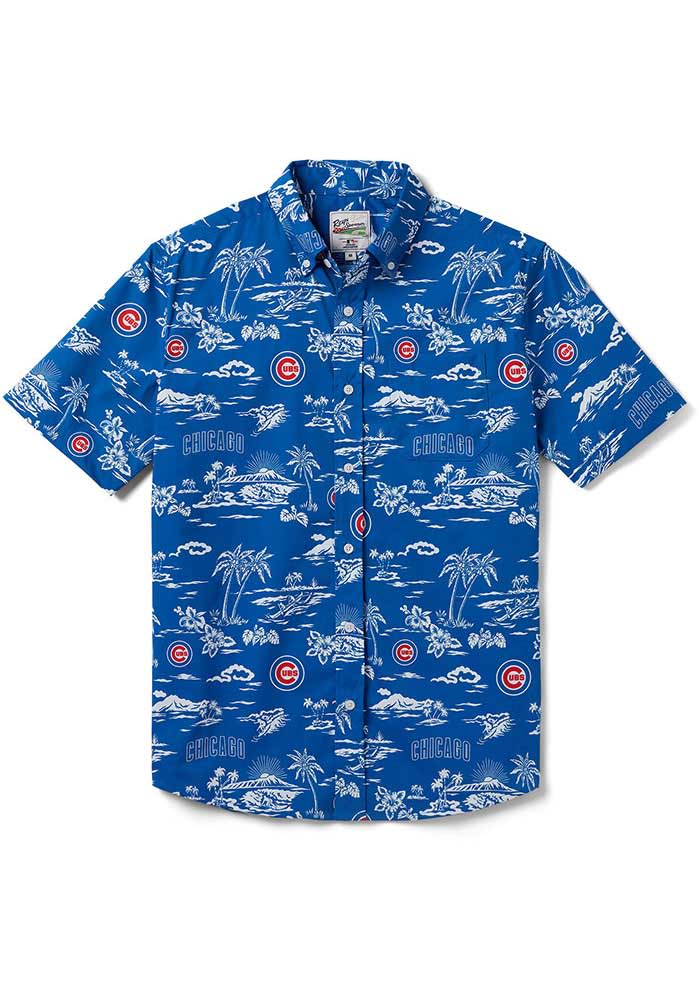 Buy the Mens Blue Chicago Cubs Short Sleeve Collarless Button-Up