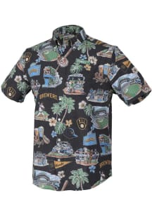 Reyn Spooner Milwaukee Brewers Mens Navy Blue Scenic Short Sleeve Dress Shirt