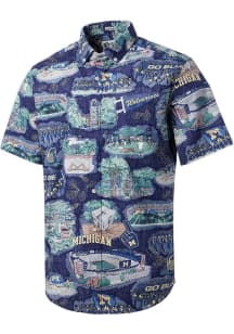 Mens Michigan Wolverines Navy Blue Reyn Spooner Scenic Design Short Sleeve Dress Shirt