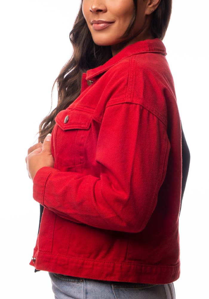 Cherry Sports Gear Kansas City Womens Red and Black Color Block Script Denim Jacket