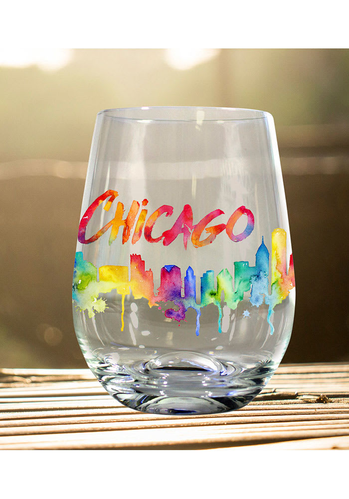 Chicago Watercolor Drip Stemless Wine Glass