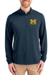 Mens Michigan Wolverines Blue Cutter and Buck Letterwinners M Club Virtue Eco Pique Qtr Zip Pullov..