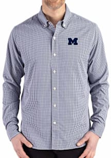 Mens Michigan Wolverines Navy Blue Cutter and Buck Gingham LS Woven Long Sleeve Dress Shirt