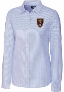 Cutter and Buck Real Salt Lake Womens Stretch Oxford Stripe Long Sleeve Light Blue Dress Shirt