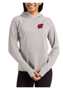 Womens Wisconsin Badgers Grey Cutter and Buck Adapt Knit Hood Hooded Sweatshirt