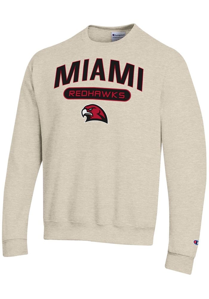 Champion Miami RedHawks Mens Oatmeal Powerblend Long Sleeve Crew Sweatshirt