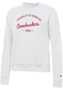 Womens Nebraska Cornhuskers White Champion Powerblend Crew Sweatshirt