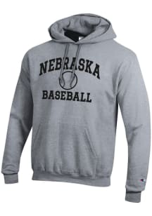 Mens Nebraska Cornhuskers Grey Champion Baseball Powerblend Hooded Sweatshirt