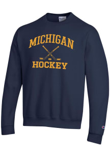 Mens Michigan Wolverines Navy Blue Champion Hockey Powerblend Crew Sweatshirt