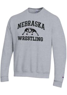 Mens Nebraska Cornhuskers Grey Champion Wrestling Powerblend Crew Sweatshirt