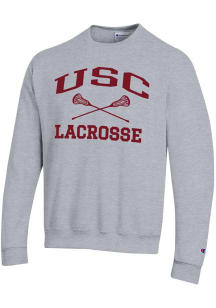 Mens USC Trojans Grey Champion Lacrosse Powerblend Crew Sweatshirt