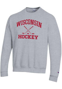 Mens Wisconsin Badgers Grey Champion Hockey Powerblend Crew Sweatshirt