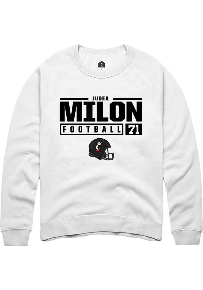 Judea Milon Rally Cincinnati Bearcats Mens White NIL Stacked Box Long Sleeve Crew Sweatshirt