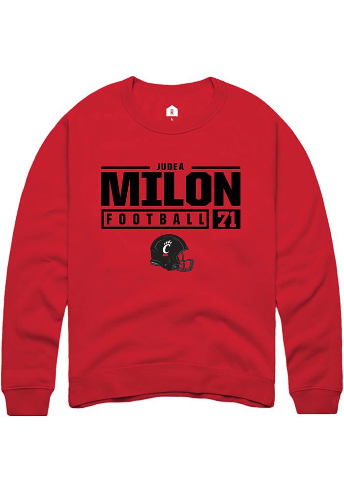 Judea Milon Rally Cincinnati Bearcats Mens Red NIL Stacked Box Long Sleeve Crew Sweatshirt