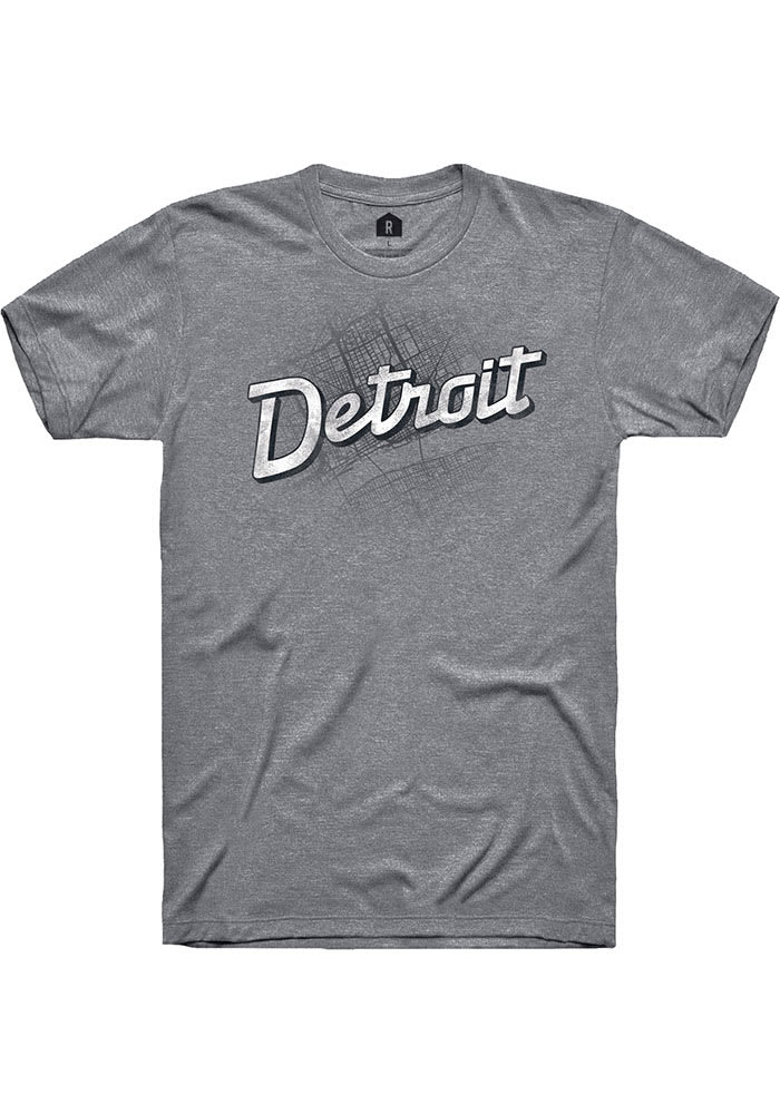 Rally Detroit Grey Wordmark Over City Map Short Sleeve Fashion T Shirt