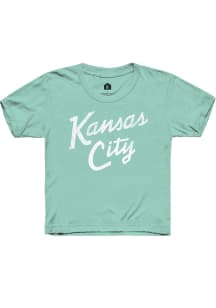 Rally Kansas City Youth Green Stacked Script Short Sleeve Fashion T-Shirt