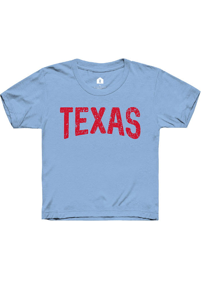 Rally Texas Youth Light Blue Arch Wordmark Short Sleeve T-Shirt