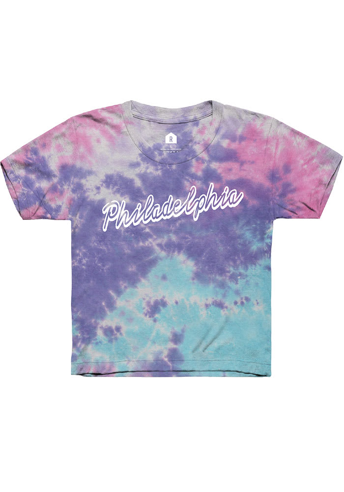 Rally Philadelphia Youth Purple Tie Dye Script Wordmark Short Sleeve T-Shirt