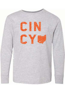 Cincinnati Youth Sport Grey CINCY State Shape Long Sleeve T-Shirt