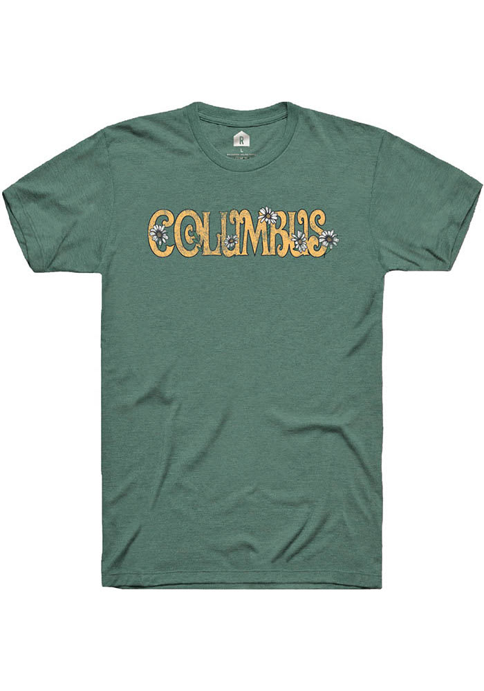 Rally Columbus Womens Green Floral Wordmark Short Sleeve T-Shirt