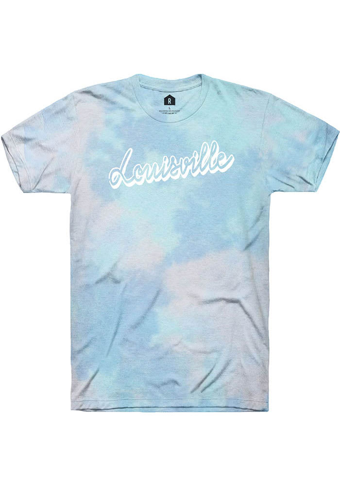 Rally Louisville Womens Blue Tie Dye Script Wordmark Short Sleeve T-Shirt