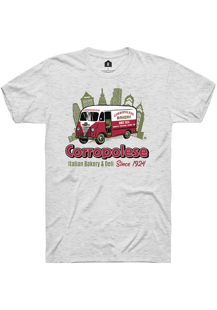 Rally Brands, Inc. Corropolese Italian Bakery & Deli Heather Dark Grey Skyline Van Short Sleeve T-Shirt, Grey, 65% Polyester / 35% Cotton, Size 2XL, Rally House