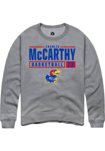 Charlie McCarthy  Rally Kansas Jayhawks Mens Grey NIL Stacked Box Long Sleeve Crew Sweatshirt