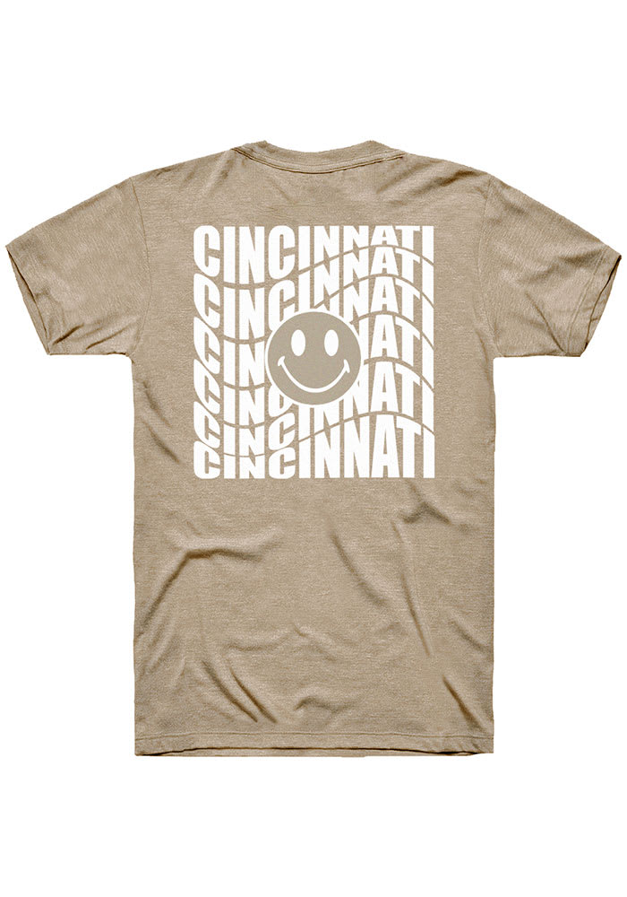 Rally Cincinnati Tan Repeating Smiley Wordmark Short Sleeve Fashion T Shirt