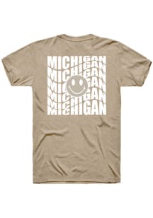 Rally Michigan Tan Repeating Smiley Wordmark Short Sleeve Fashion T Shirt
