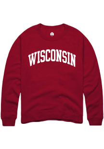 Rally Wisconsin Mens Red Arched Wordmark Long Sleeve Crew Sweatshirt