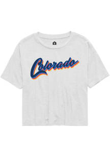 Rally Colorado Womens White Script shadow Short Sleeve T-Shirt