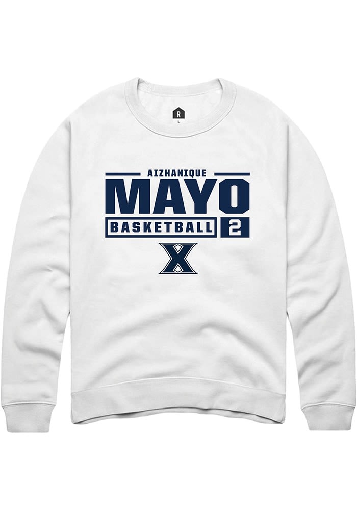 Aizhanique Mayo  Rally Xavier Musketeers Mens White NIL Stacked Box Long Sleeve Crew Sweatshirt