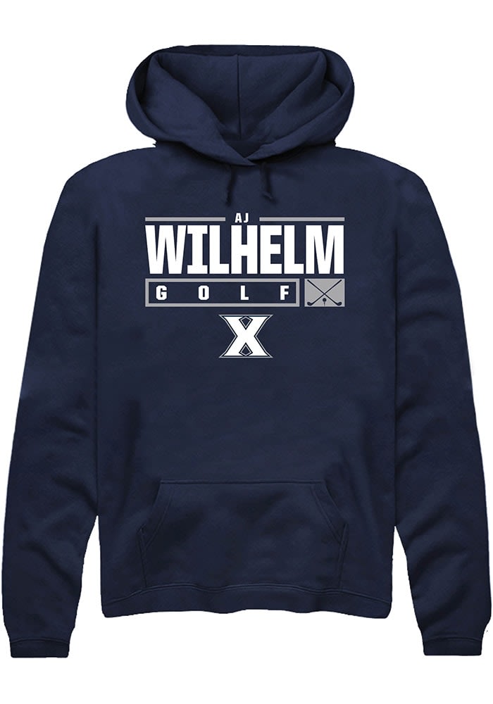 AJ Wilhelm  Rally Xavier Musketeers Mens Navy Blue NIL Stacked Box Long Sleeve Hoodie