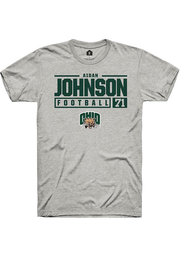 Aidan Johnson  Ohio Bobcats Ash Rally NIL Stacked Box Short Sleeve T Shirt