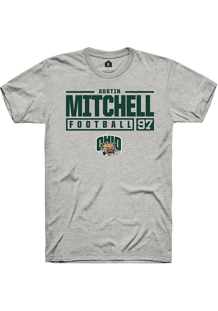 Austin Mitchell  Ohio Bobcats Ash Rally NIL Stacked Box Short Sleeve T Shirt