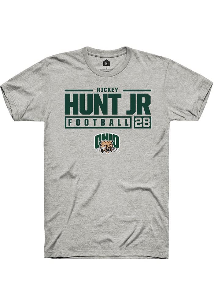 Rickey Hunt Jr  Ohio Bobcats Ash Rally NIL Stacked Box Short Sleeve T Shirt