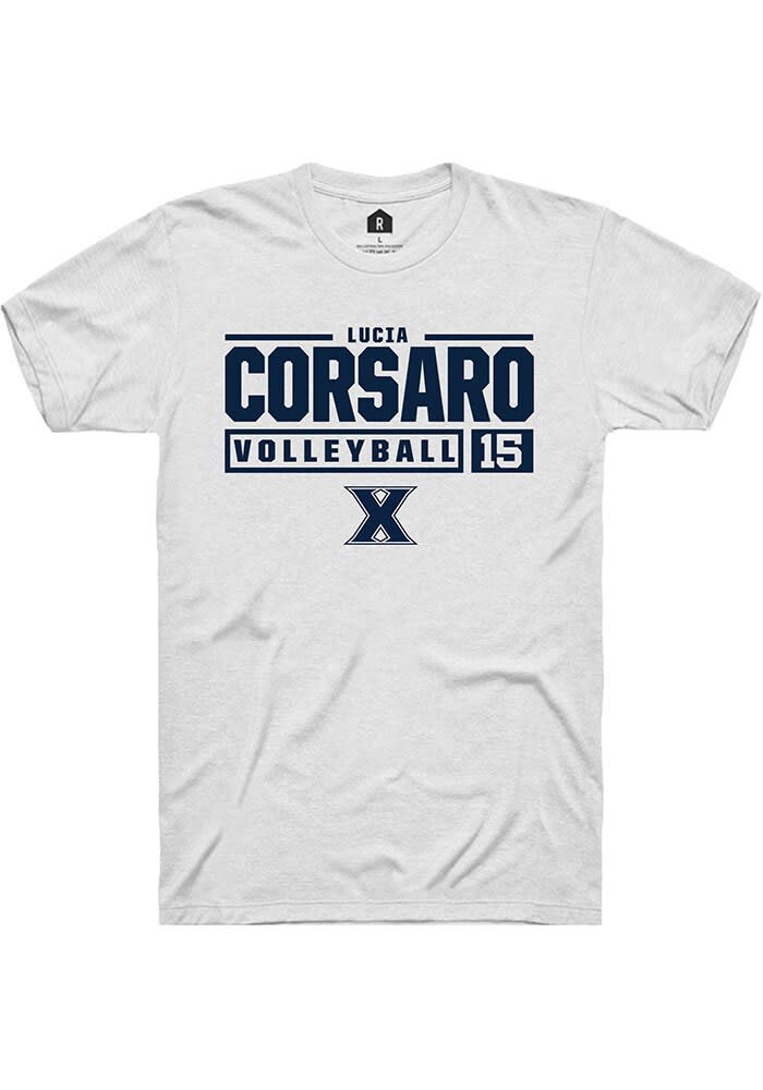 Lucia Corsaro  Xavier Musketeers White Rally NIL Stacked Box Short Sleeve T Shirt