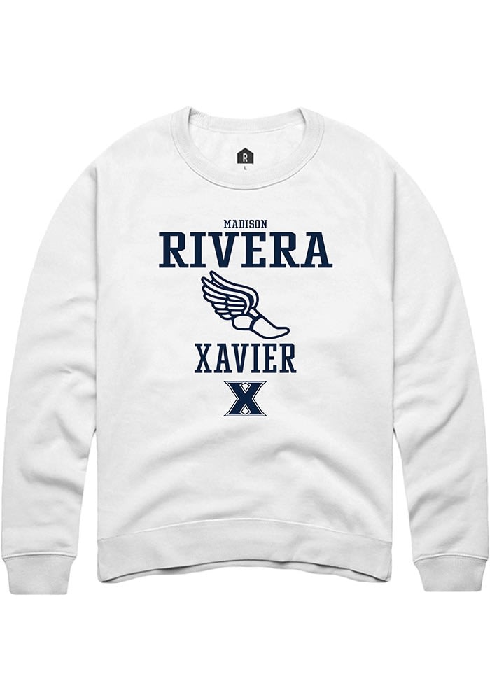 Madison Rivera  Rally Xavier Musketeers Mens White NIL Sport Icon Long Sleeve Crew Sweatshirt