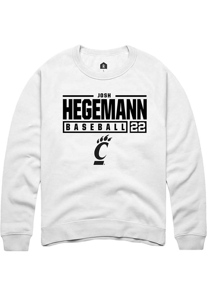 Josh Hegemann Rally Cincinnati Bearcats Mens White NIL Stacked Box Long Sleeve Crew Sweatshirt