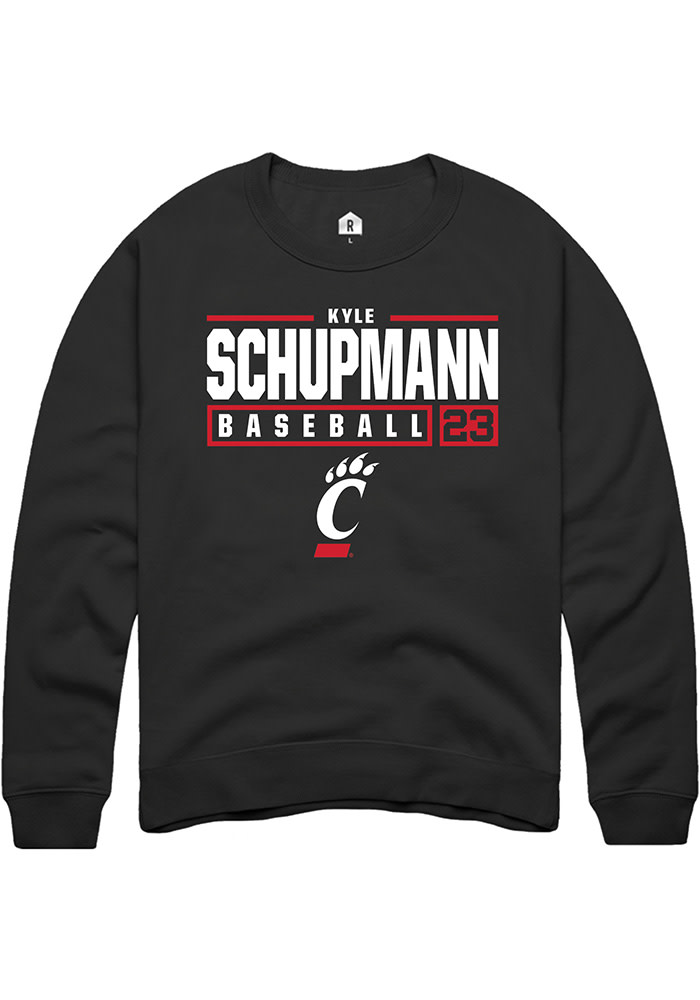 Kyle Schupmann Rally Cincinnati Bearcats Mens Black NIL Stacked Box Long Sleeve Crew Sweatshirt