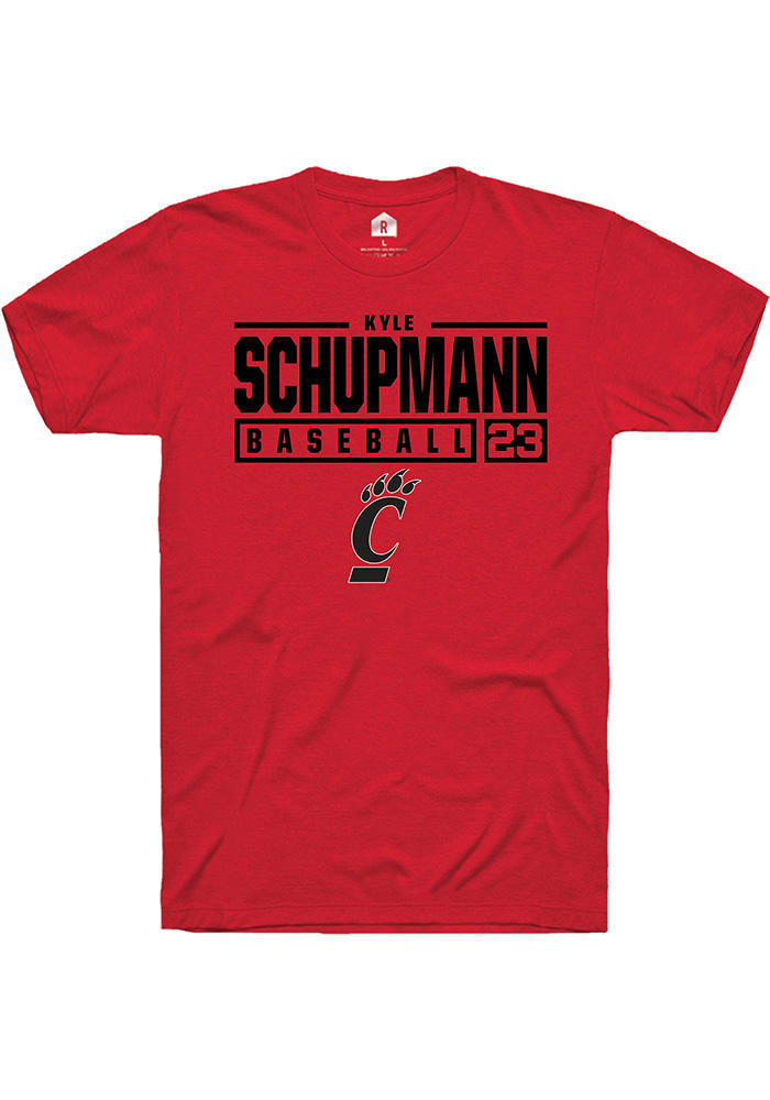 Kyle Schupmann Cincinnati Bearcats Red Rally NIL Stacked Box Short Sleeve T Shirt