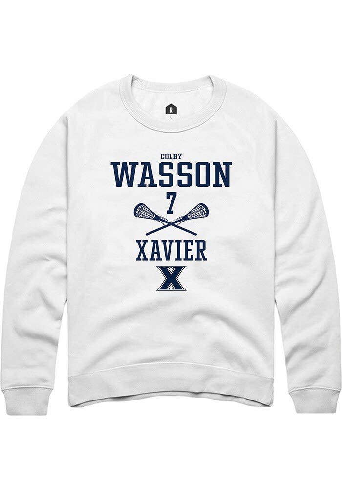 Colby Wasson  Rally Xavier Musketeers Mens White NIL Sport Icon Long Sleeve Crew Sweatshirt