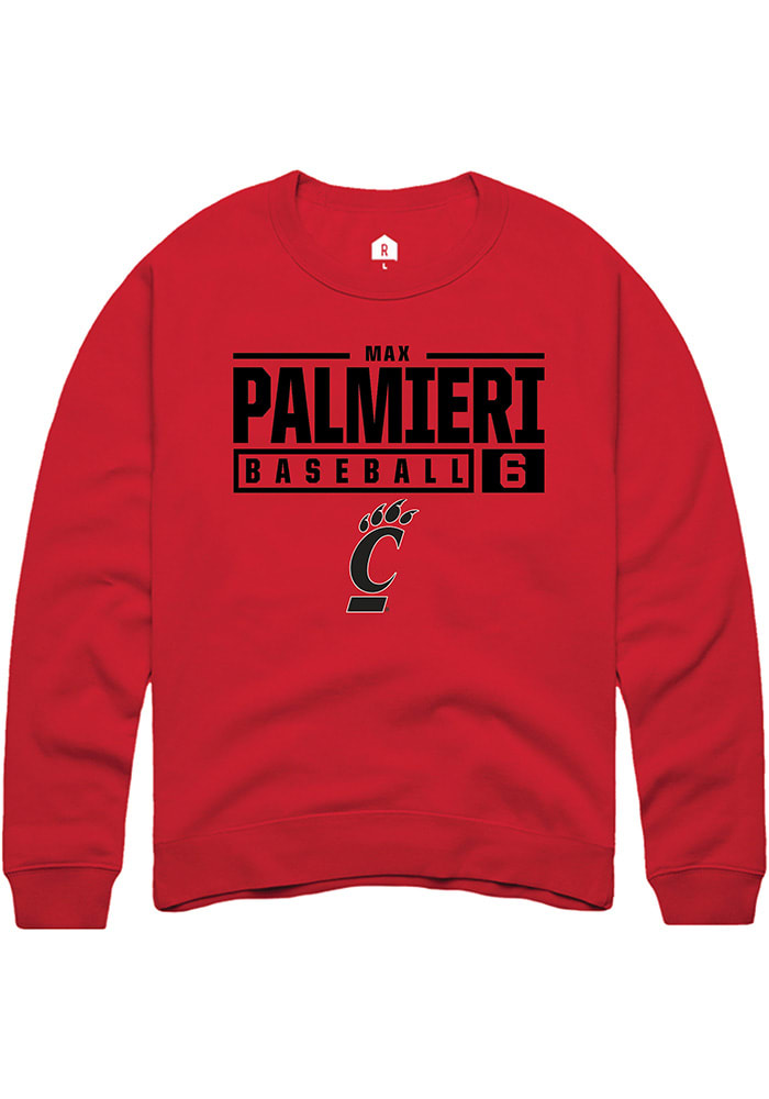 Max Palmieri Rally Cincinnati Bearcats Mens Red NIL Stacked Box Long Sleeve Crew Sweatshirt