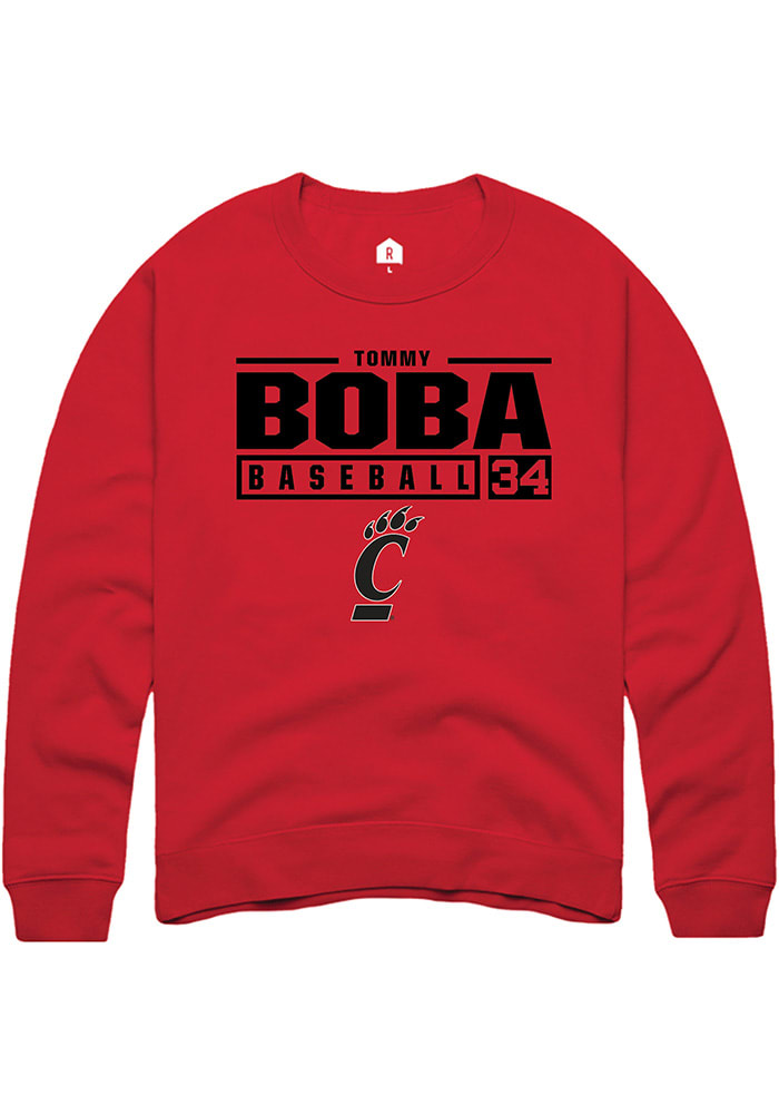 Tommy Boba Rally Cincinnati Bearcats Mens Red NIL Stacked Box Long Sleeve Crew Sweatshirt