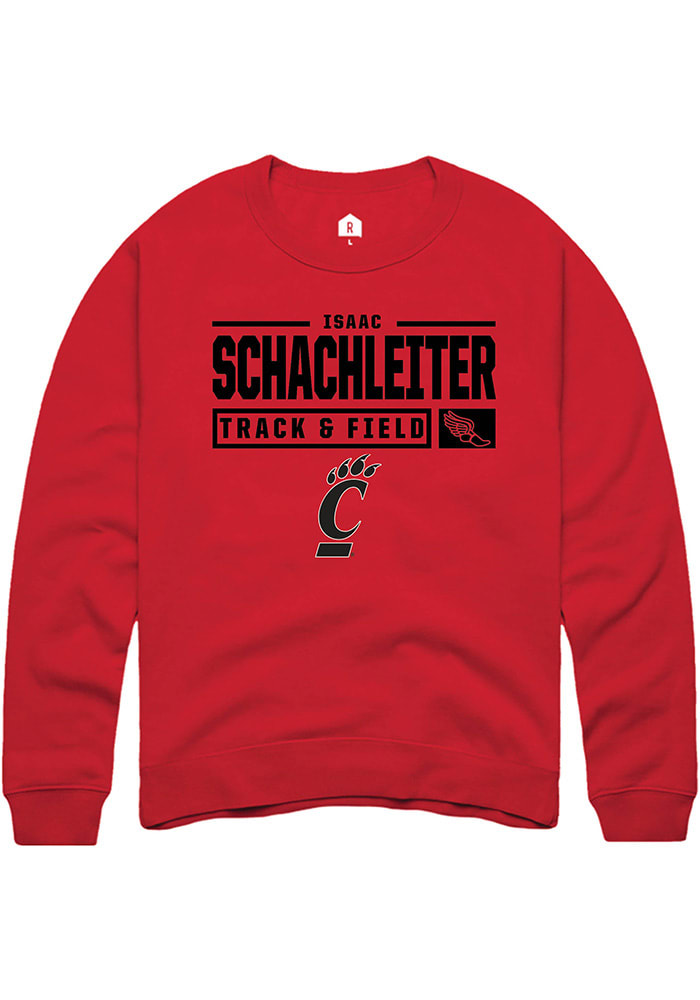 Isaac Schachleiter Rally Cincinnati Bearcats Mens Red NIL Stacked Box Long Sleeve Crew Sweatshirt