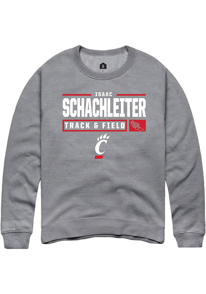 Isaac Schachleiter Rally Cincinnati Bearcats Mens Grey NIL Stacked Box Long Sleeve Crew Sweatshirt