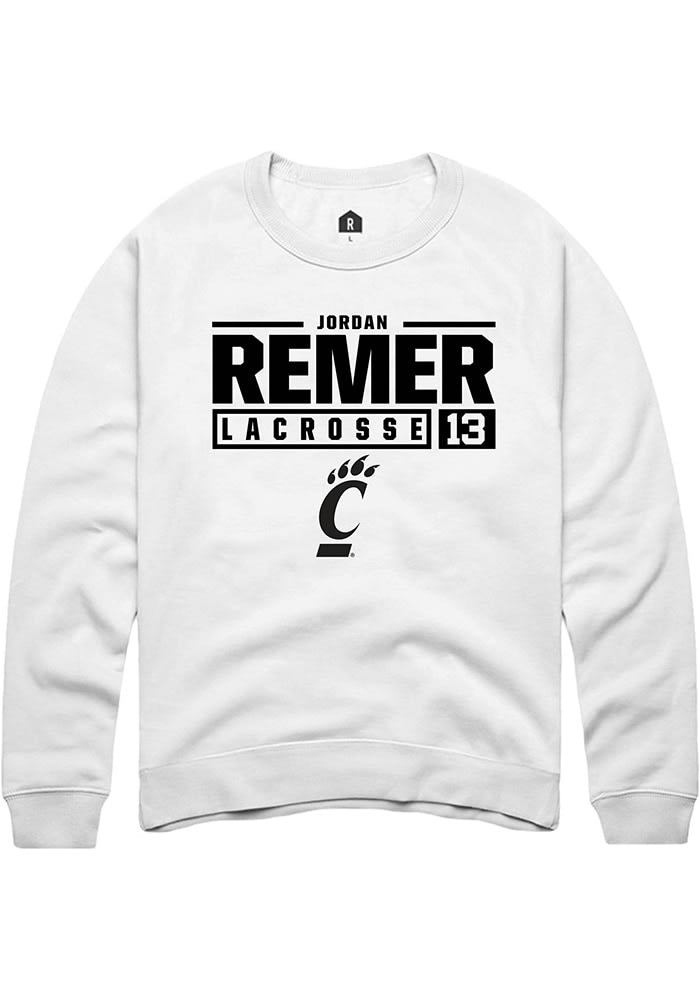 Jordan Remer Rally Cincinnati Bearcats Mens NIL Stacked Box Long Sleeve Crew Sweatshirt