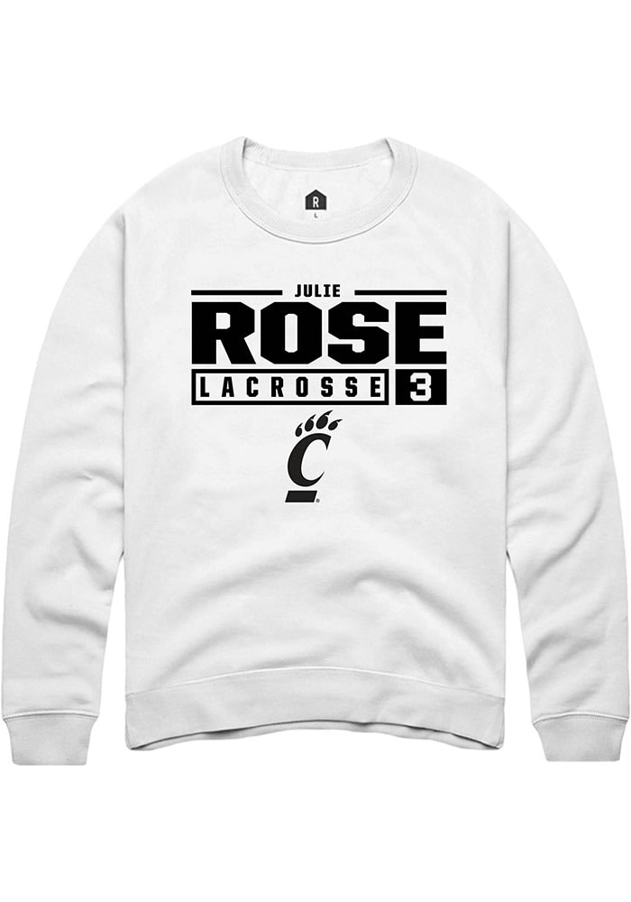 Julie Rose Rally Cincinnati Bearcats Mens White NIL Stacked Box Long Sleeve Crew Sweatshirt